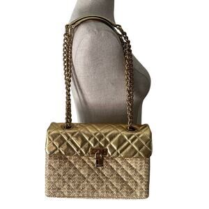 Kurt Geiger London Brixton Raffia Lock Shoulder Bag Gold Quilted Chain NWOT